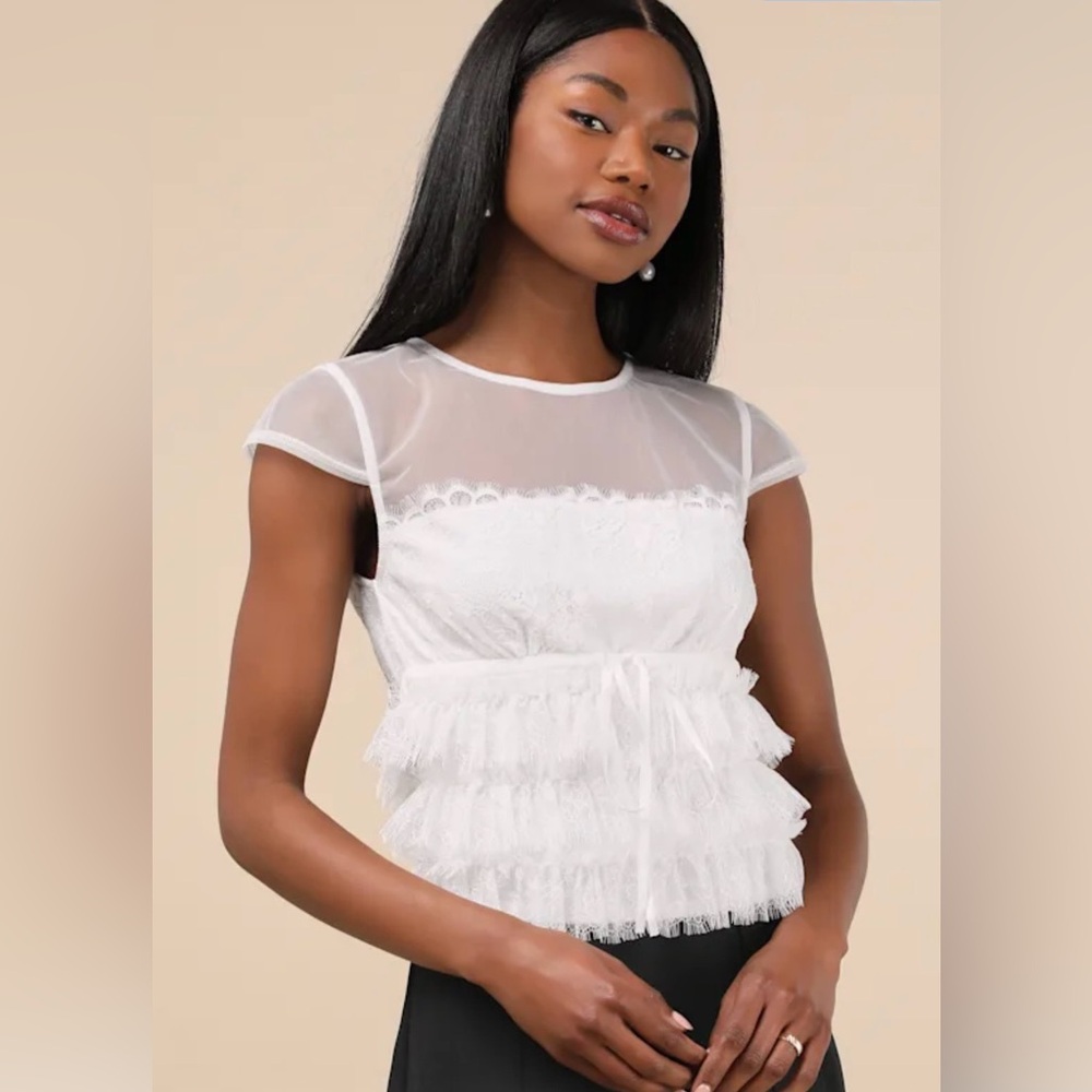 LULUS Elegant White Lace Ruffle Top